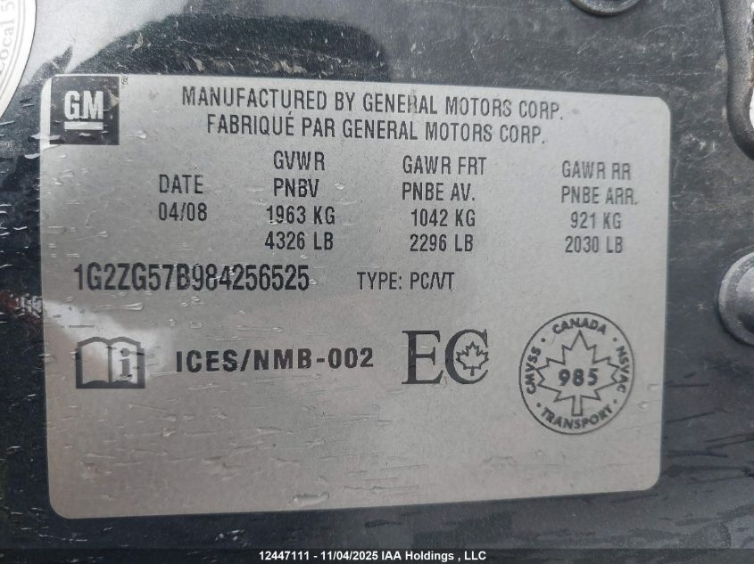 2008 Pontiac G6 Se VIN: 1G2ZG57B984256525 Lot: 12447111