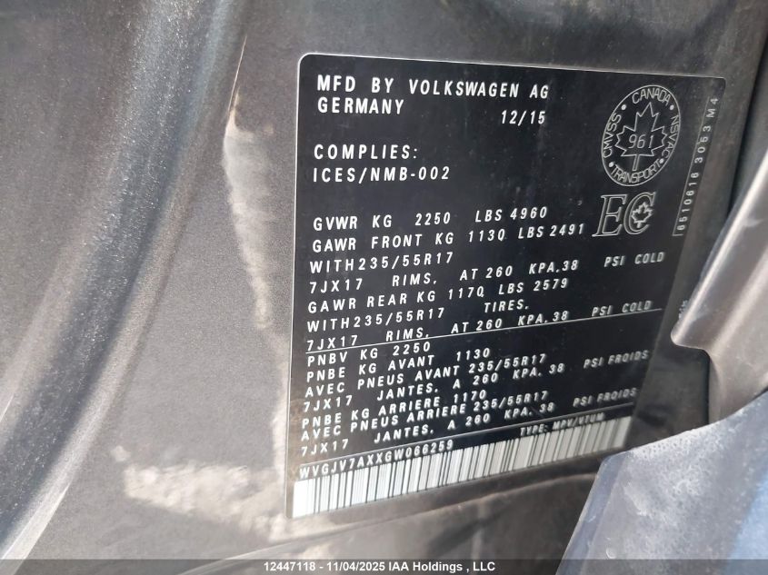 2016 Volkswagen Tiguan Comfortline/Highline/Special Edition VIN: WVGJV7AXXGW066259 Lot: 12447118