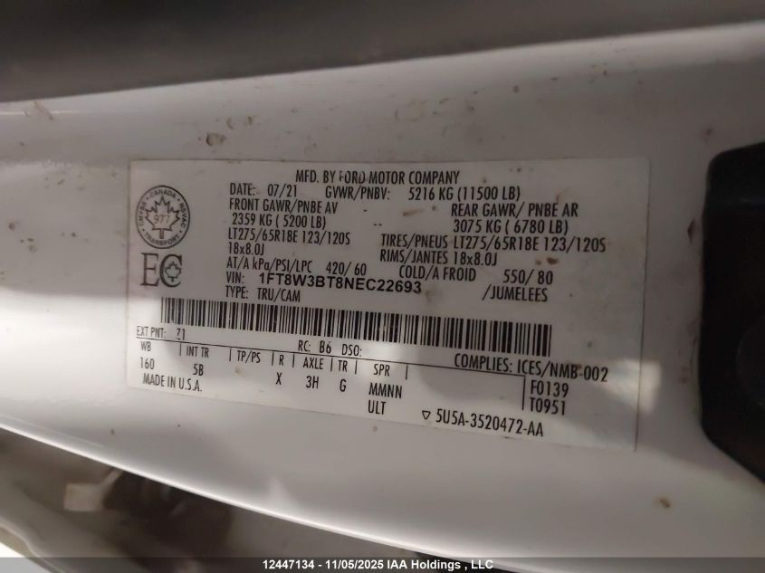 2022 Ford F350 Super Duty VIN: 1FT8W3BT8NEC22693 Lot: 12447134