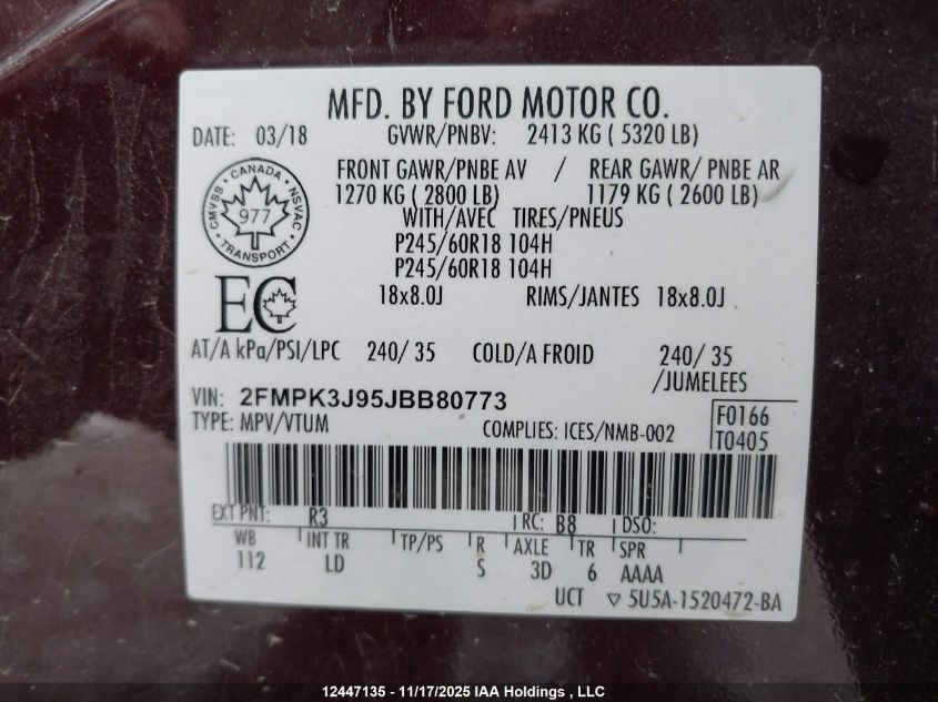 2018 Ford Edge Sel VIN: 2FMPK3J95JBB80773 Lot: 12447135