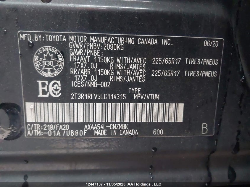 2020 Toyota Rav4 Xle VIN: 2T3R1RFV5LC114315 Lot: 12447137