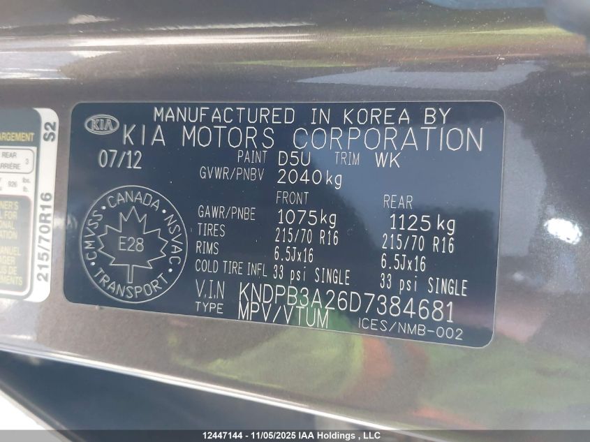 2013 Kia Sportage Lx VIN: KNDPB3A26D7384681 Lot: 12447144