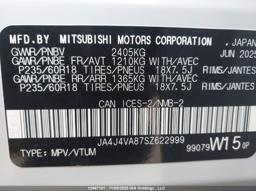 2025 Mitsubishi Outlander Le/Se/Sel VIN: JA4J4VA87SZ622999 Lot: 12447181