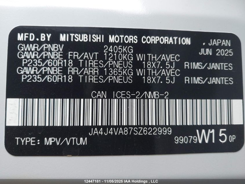 2025 Mitsubishi Outlander Le/Se/Sel VIN: JA4J4VA87SZ622999 Lot: 12447181