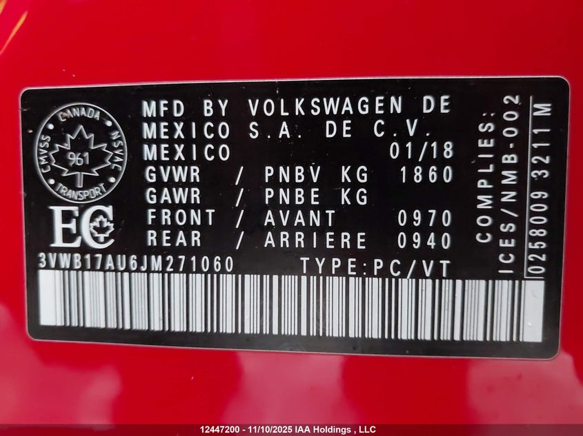 2018 Volkswagen Golf 1.8 Tsi Comfortline/1.8 Tsi Highline/1.8 Tsi Trendline VIN: 3VWB17AU6JM271060 Lot: 12447200