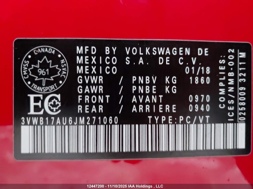 2018 Volkswagen Golf 1.8 Tsi Comfortline/1.8 Tsi Highline/1.8 Tsi Trendline VIN: 3VWB17AU6JM271060 Lot: 12447200