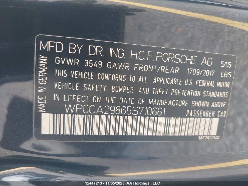 2005 Porsche Boxster VIN: WP0CA29865S710661 Lot: 12447213