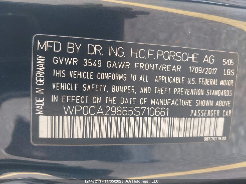 2005 Porsche Boxster VIN: WP0CA29865S710661 Lot: 12447213