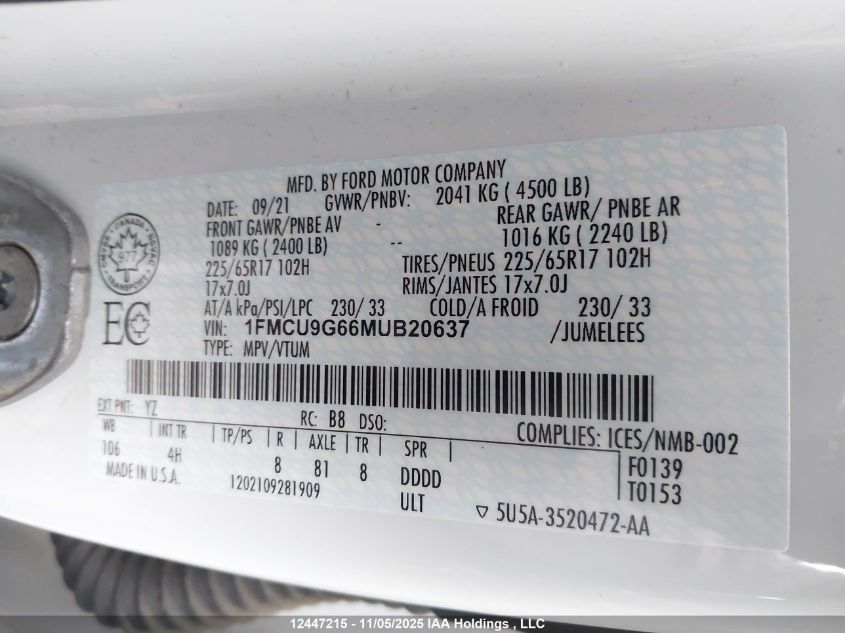 2021 Ford Escape Se VIN: 1FMCU9G66MUB20637 Lot: 12447215