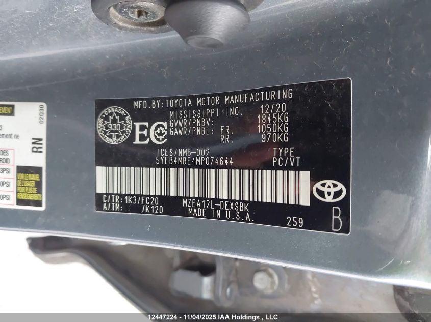 2021 Toyota Corolla Se VIN: 5YFB4MBE4MP074644 Lot: 12447224