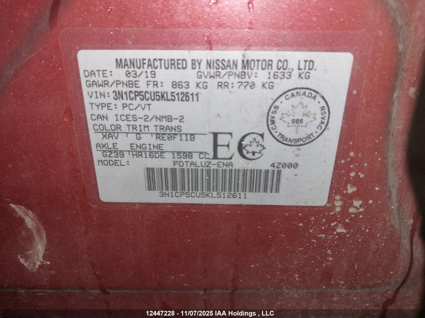 2019 Nissan Kicks VIN: 3N1CP5CU5KL512611 Lot: 12447228