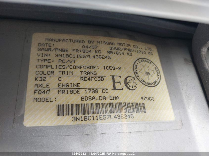 2007 Nissan Versa S/Sl VIN: 3N1BC11E57L436245 Lot: 12447233