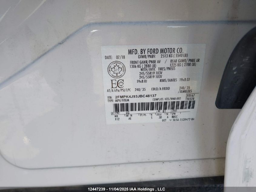 2018 Ford Edge Sel VIN: 2FMPK4J93JBC48137 Lot: 12447239
