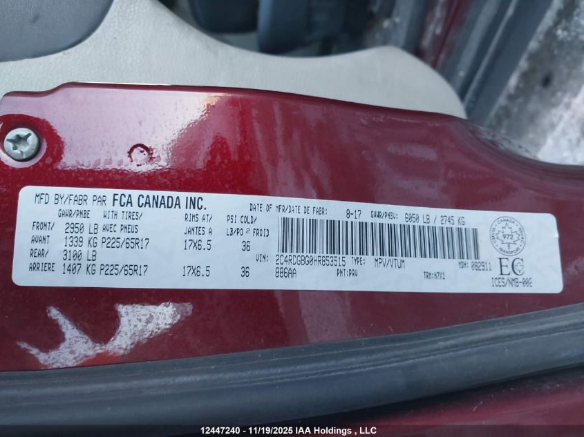 2017 Dodge Grand Caravan Se VIN: 2C4RDGBG0HR853515 Lot: 12447240