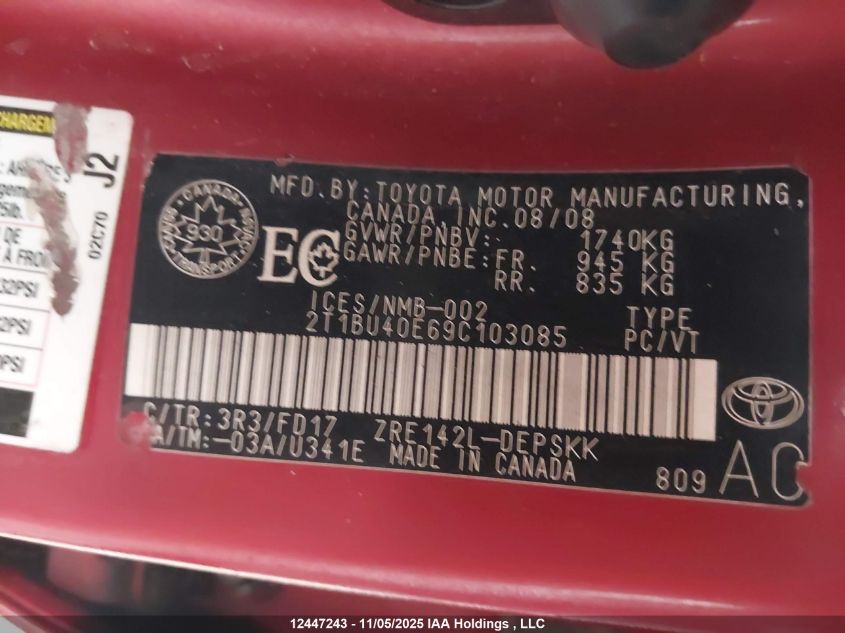 2009 Toyota Corolla S VIN: 2T1BU40E69C103085 Lot: 12447243