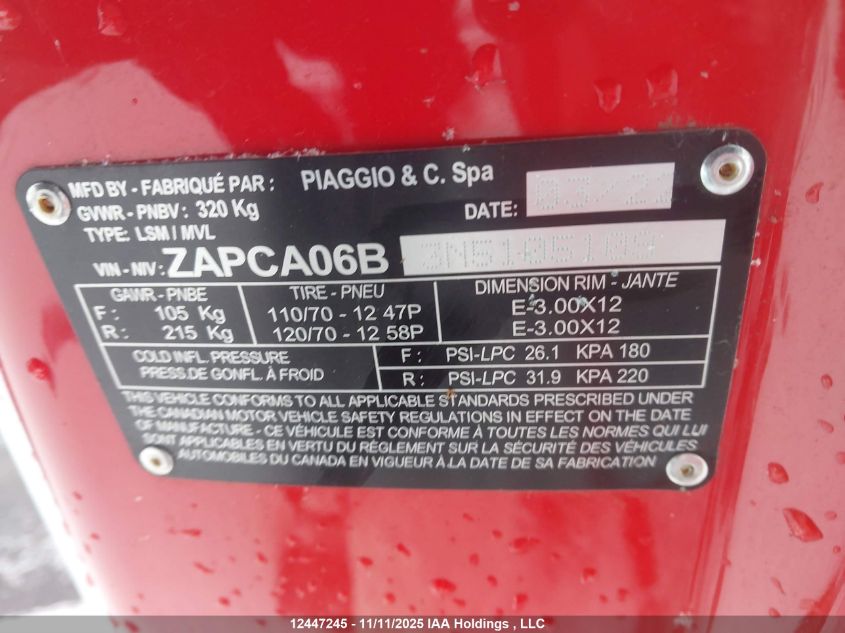 2022 Vespa Primavera/Sprint 50 VIN: ZAPCA06B3N5105109 Lot: 12447245