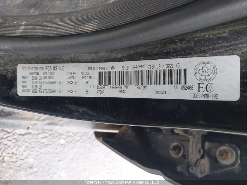 2019 Ram 1500 Sport VIN: 1C6SRFTT1KN880436 Lot: 12447246