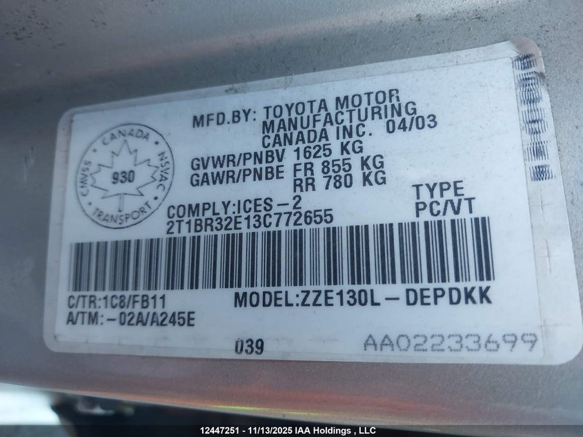 2T1BR32E13C772655 2003 TOYOTA COROLLA photo no. 9