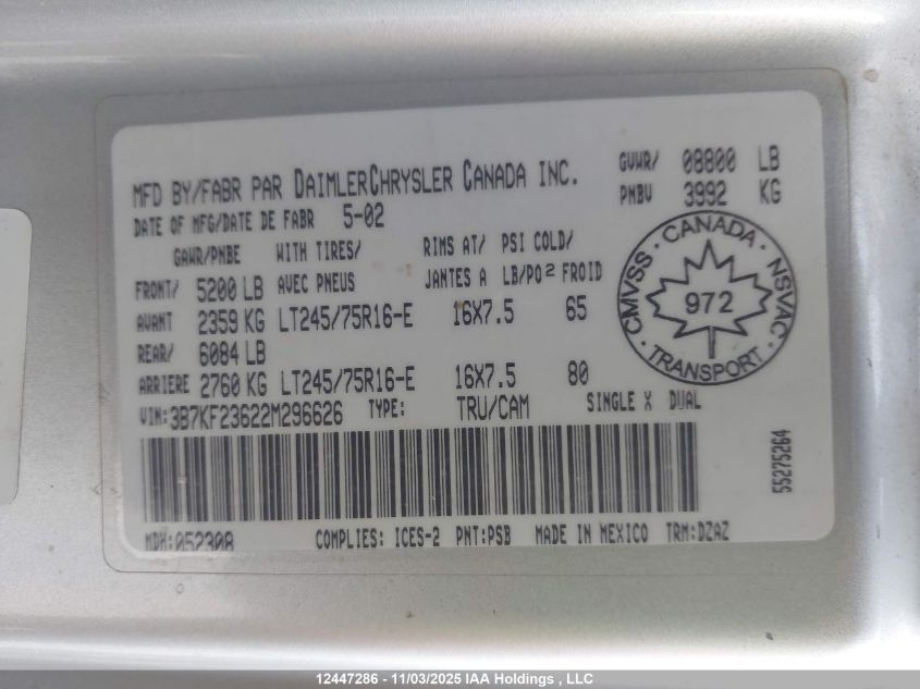 2002 Dodge Ram 2500 VIN: 3B7KF23622M296626 Lot: 12447286