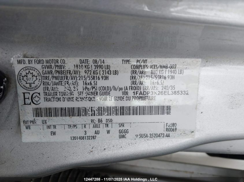 2014 Ford Focus Se VIN: 1FADP3K26EL385332 Lot: 12447288