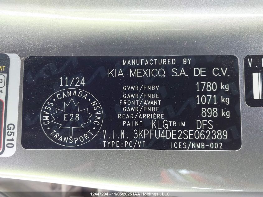 2025 Kia K4 Ex/Ex+ VIN: 3KPFU4DE2SE062389 Lot: 12447294