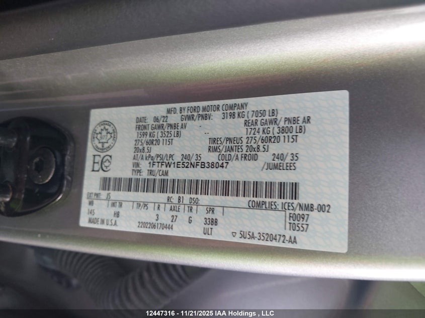 1FTFW1E52NFB38047 2022 FORD F-150 photo no. 9