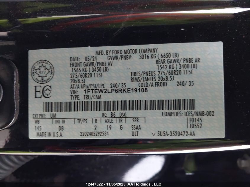 2024 Ford F150 VIN: 1FTEW2LP6RKE19108 Lot: 12447322