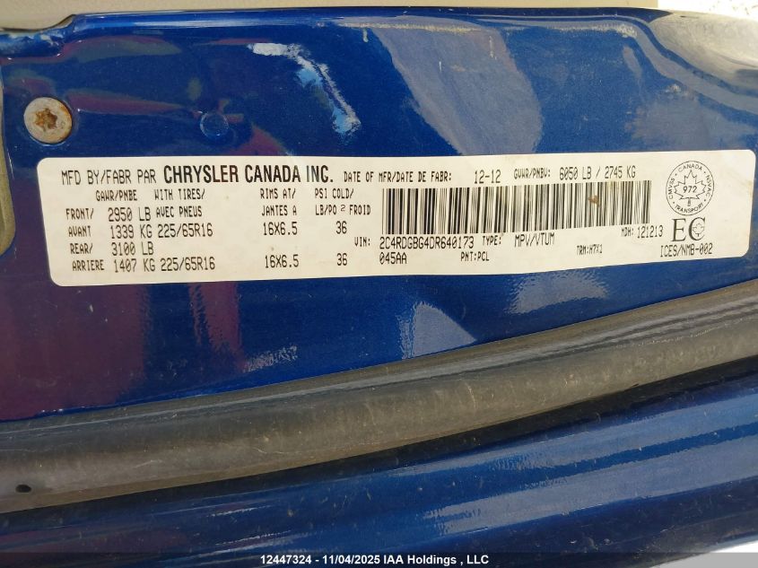 2013 Dodge Grand Caravan Se VIN: 2C4RDGBG4DR640173 Lot: 12447324