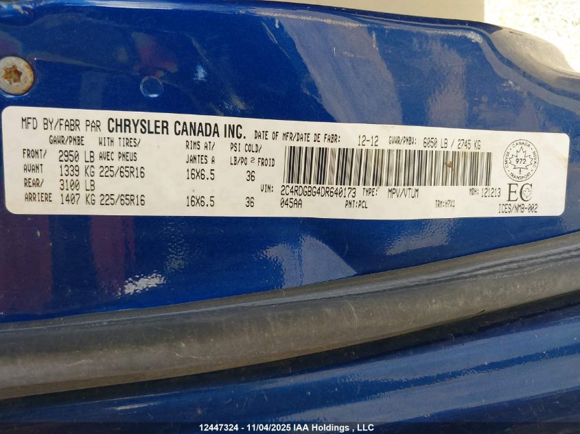 2013 Dodge Grand Caravan Se VIN: 2C4RDGBG4DR640173 Lot: 12447324