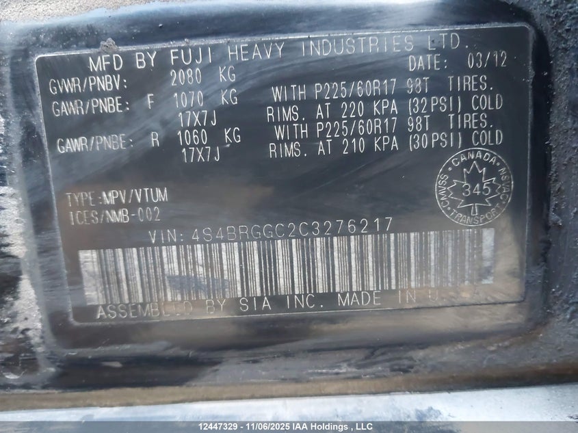 2012 Subaru Legacy Outback VIN: 4S4BRGGC2C3276217 Lot: 12447329