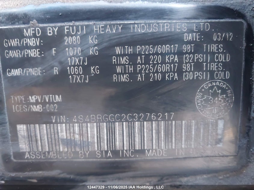 2012 Subaru Legacy Outback VIN: 4S4BRGGC2C3276217 Lot: 12447329