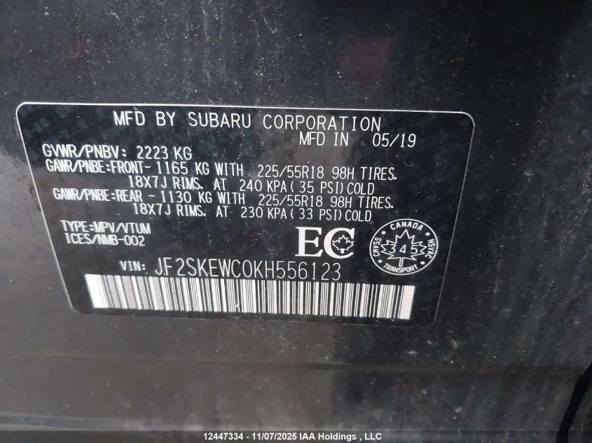 2019 Subaru Forester 2.5I Premier VIN: JF2SKEWC0KH556123 Lot: 12447334