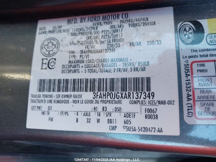 2010 Ford Fusion VIN: 3FAHP0JGXAR137349 Lot: 12447347