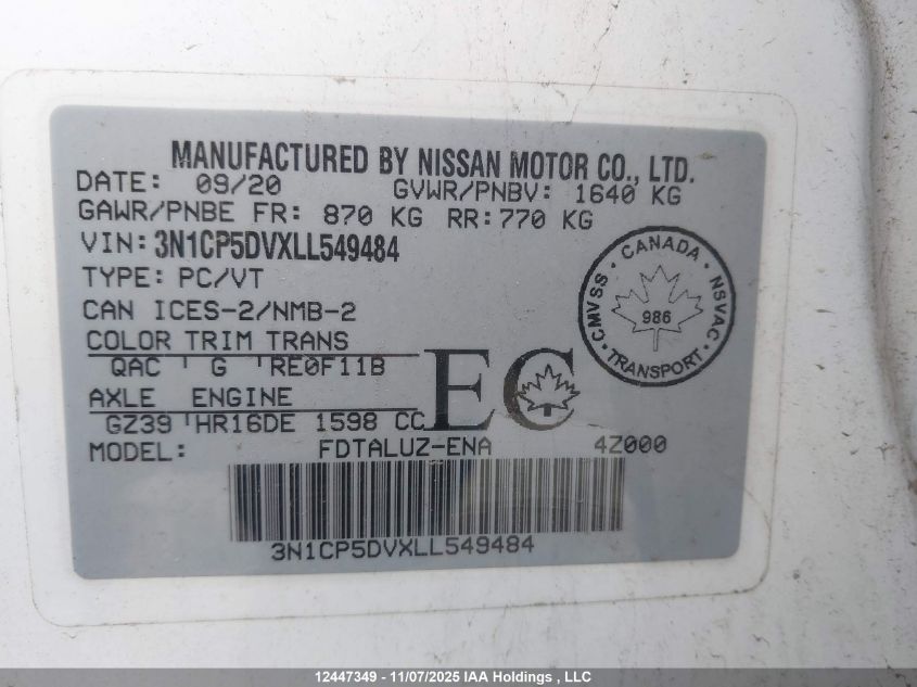 2020 Nissan Kicks VIN: 3N1CP5DVXLL549484 Lot: 12447349