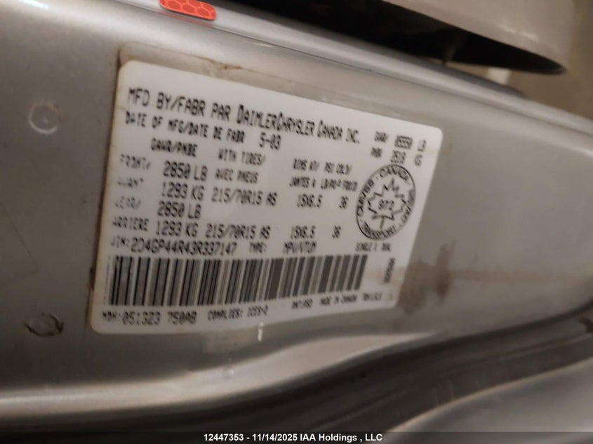 2003 Dodge Grand Caravan Sport VIN: 2D4GP44R43R337147 Lot: 12447353