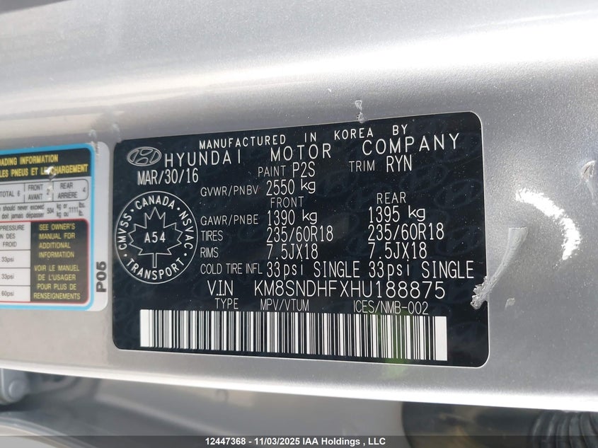 KM8SNDHFXHU188875 2017 HYUNDAI SANTA FE photo no. 9