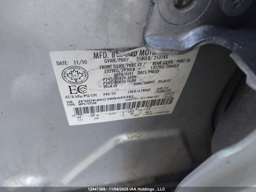 2011 Ford Edge Limited VIN: 2FMDK4KC3BBA50382 Lot: 12447369