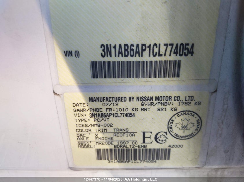3N1AB6AP1CL774054 2012 NISSAN SENTRA photo no. 9