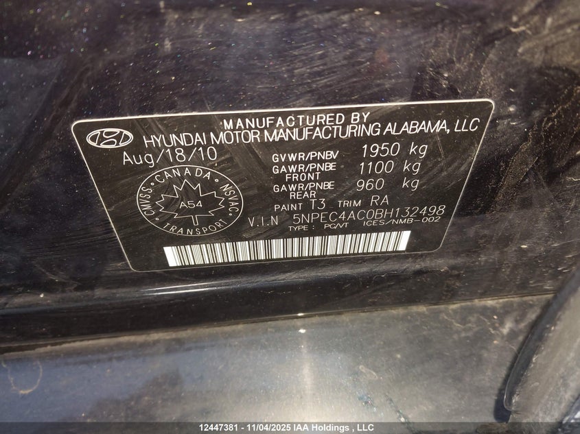 2011 Hyundai Sonata Se/Limited VIN: 5NPEC4AC0BH132498 Lot: 12447381