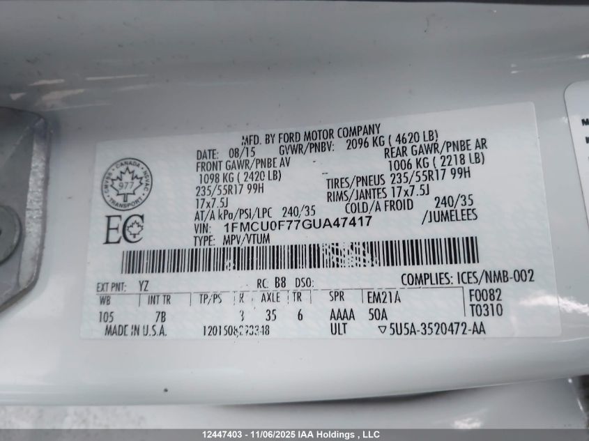 2016 Ford Escape VIN: 1FMCU0F77GUA47417 Lot: 12447403