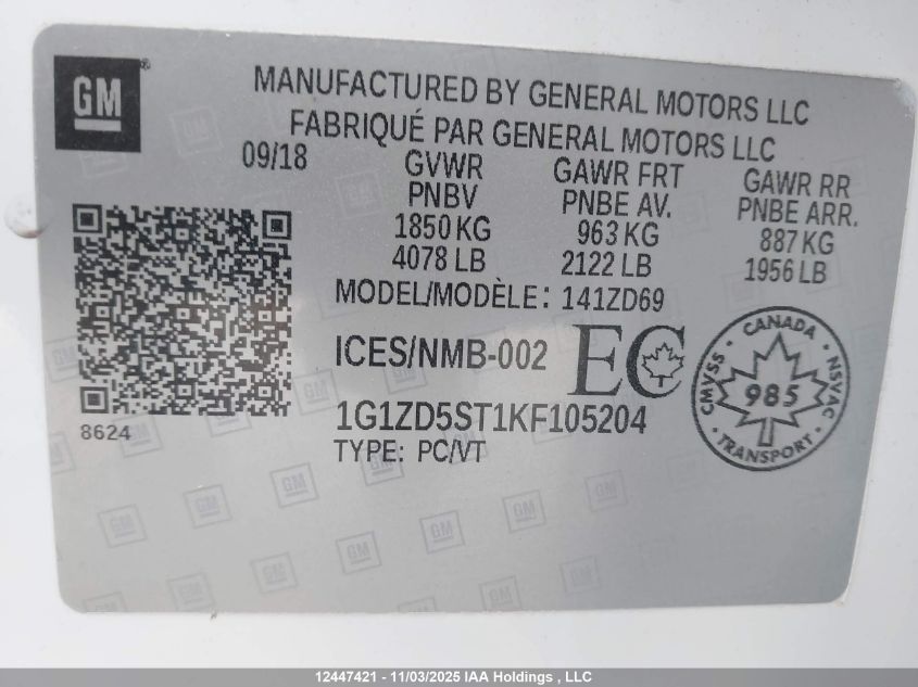 2019 Chevrolet Malibu Lt VIN: 1G1ZD5ST1KF105204 Lot: 12447421