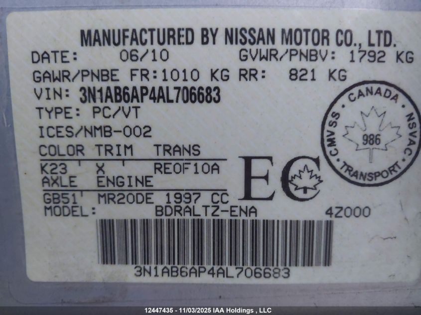 2010 Nissan Sentra 2.0/2.0S/Sr/2.0Sl VIN: 3N1AB6AP4AL706683 Lot: 12447435