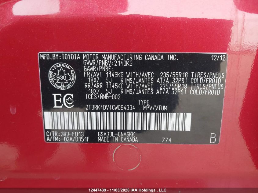 2012 Toyota Rav4 Sport V6 VIN: 2T3RK4DV4CW094334 Lot: 12447439