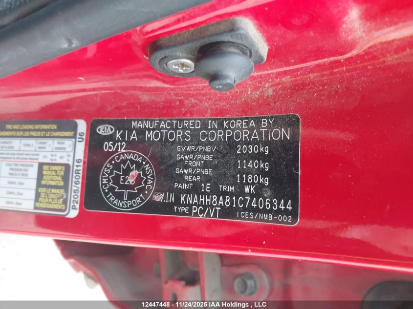 2012 Kia Rondo VIN: KNAHH8A81C7406344 Lot: 12447448