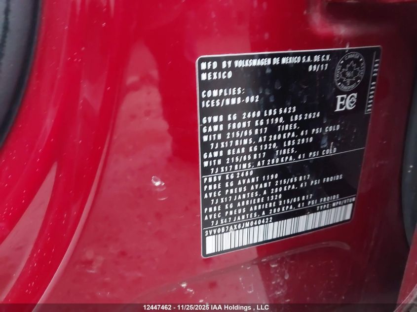 2018 Volkswagen Tiguan S VIN: 3VV0B7AX6JM040422 Lot: 12447462