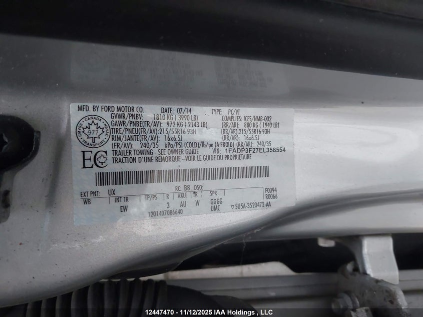 1FADP3F27EL358554 2014 FORD FOCUS photo no. 9