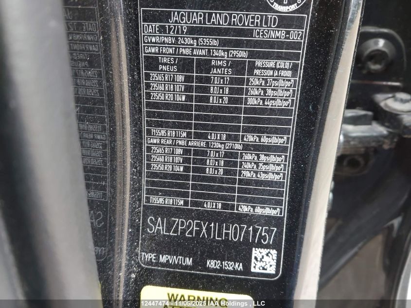 2020 Land Rover Range Rover Evoque P250 Se VIN: SALZP2FX1LH071757 Lot: 12447474