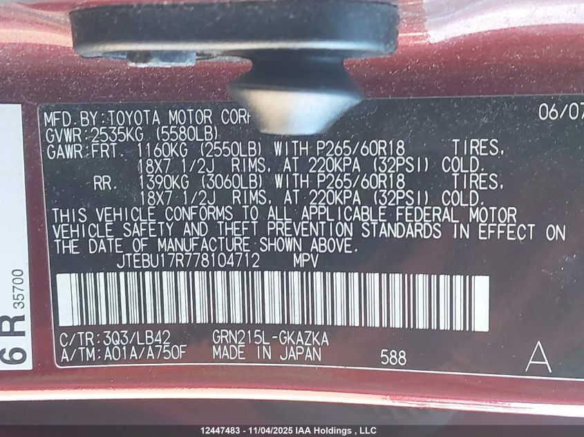 2007 Toyota 4Runner Limited VIN: JTEBU17R778104712 Lot: 12447483