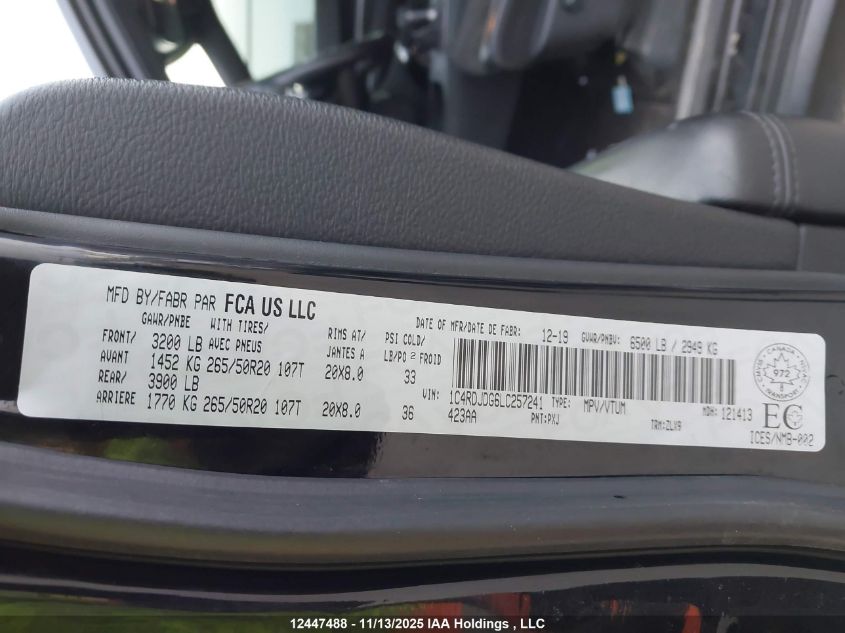 2020 Dodge Durango Gt VIN: 1C4RDJDG6LC257241 Lot: 12447488