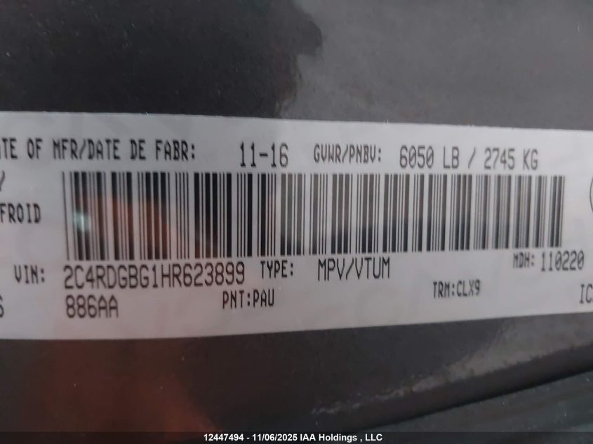 2017 Dodge Grand Caravan Cvp/Sxt VIN: 2C4RDGBG1HR623899 Lot: 12447494